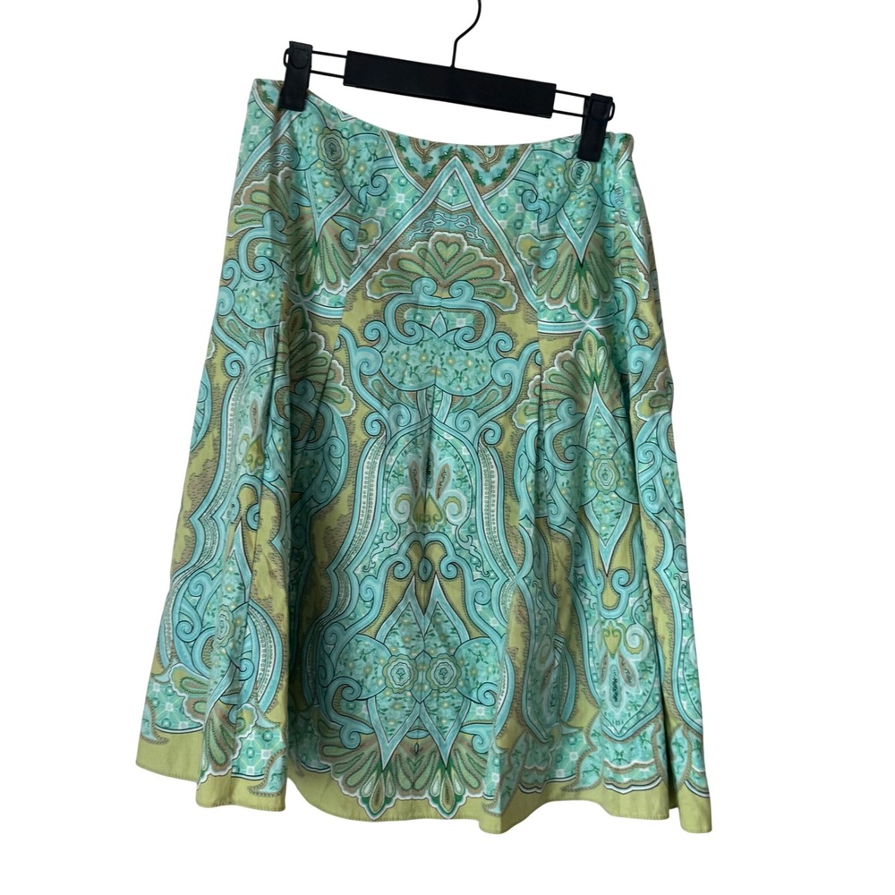 Talbots Womens Size 8 Paisley Print Cotton A-Line Midi Skirt Turquoise Green